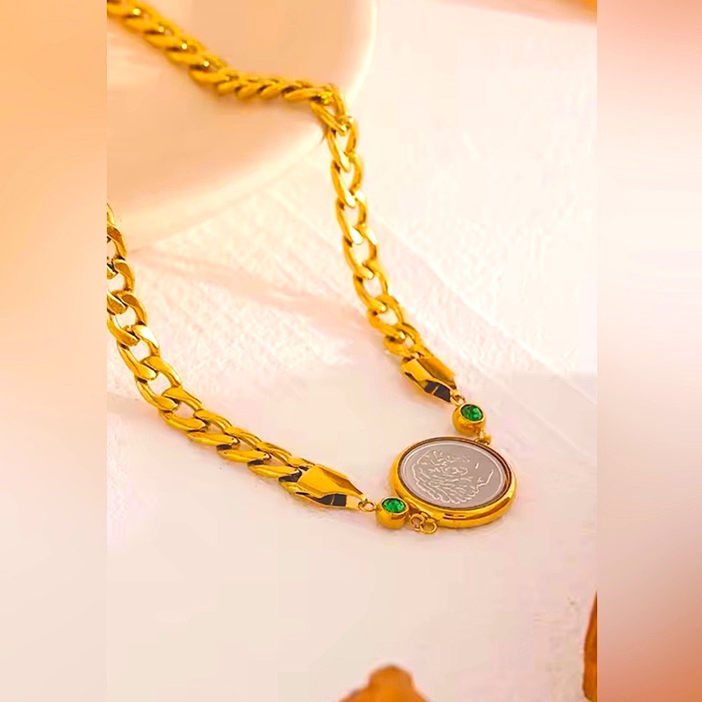 Coin choker necklace, gold coin necklace, 18K gold plated stainless steel CZ - Picture 4 of 7